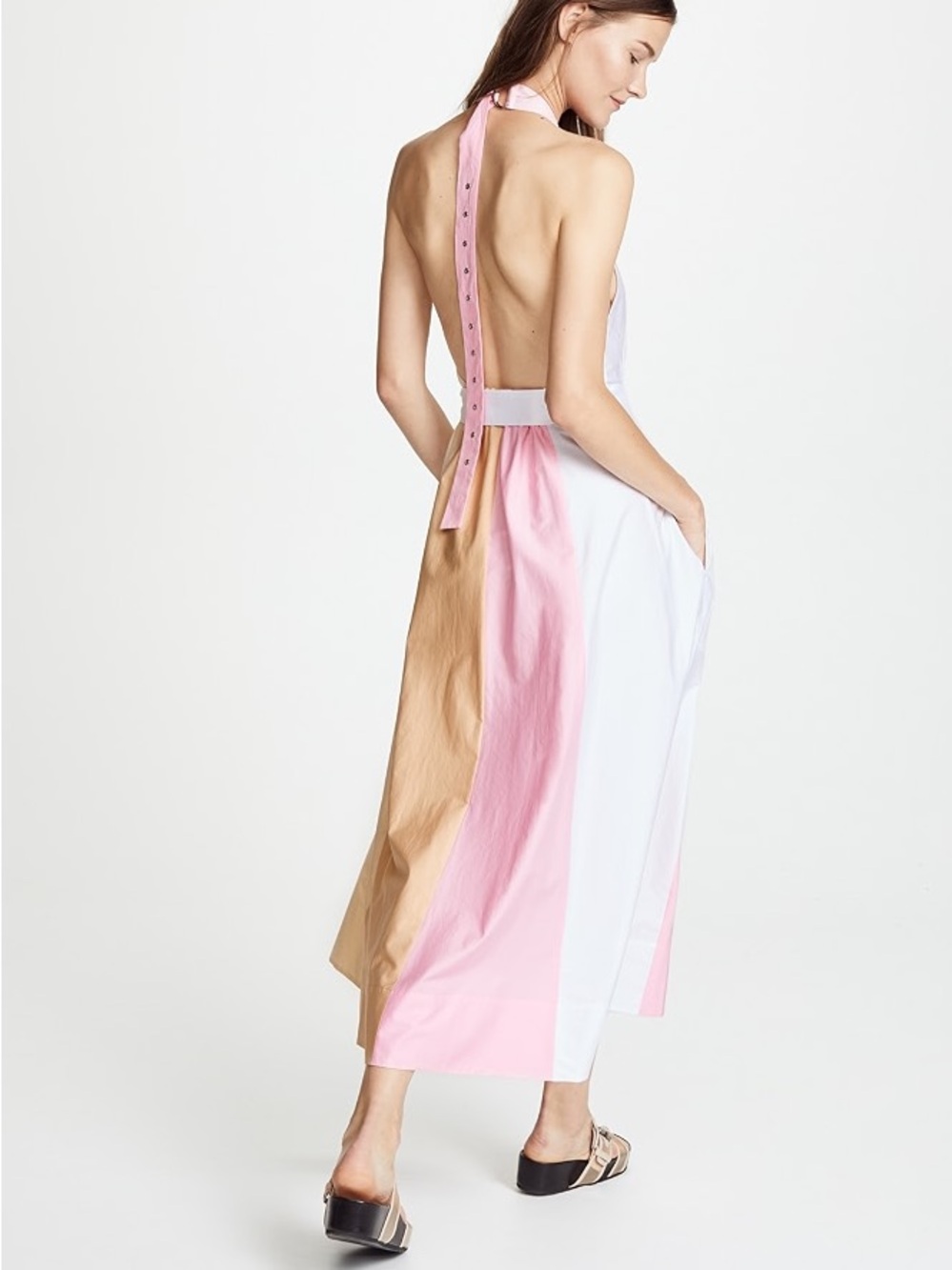 Tibi Halter Backless Colorblock Dress in Pink, Cream and White